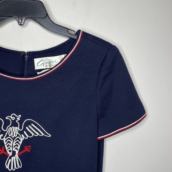 Vintage GINORI Maxi Dress Womens 10 Navy Blue Embroidered Bird Pure Virgin Wool - Picture 3 of 7